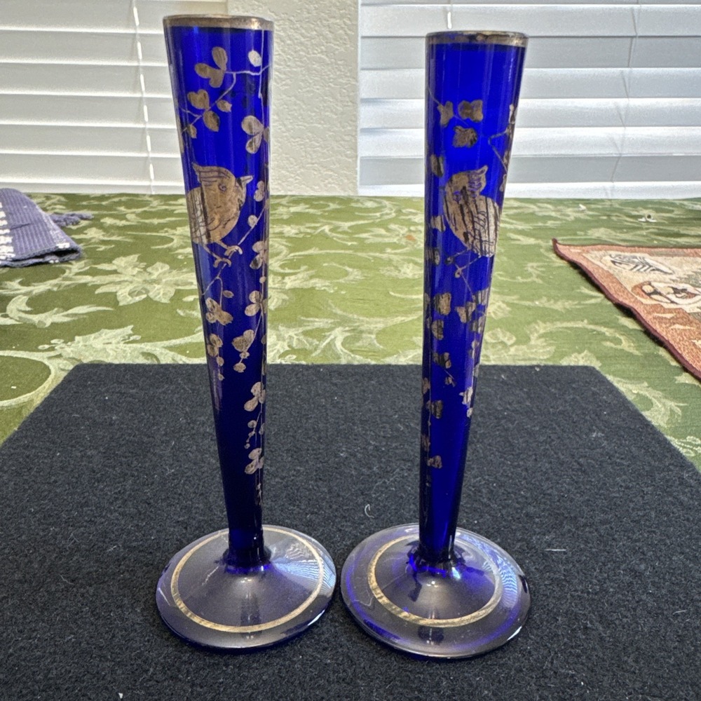 Antique Czech Bohemian Cobalt Blue Silver Overlay Bird & Vine Vases Lot Of 2